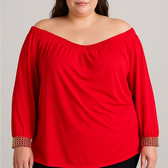 Minimi Tops - “Red Off Shoulder Blouse 3X Plus Size with Gold Chain Cuff Detail”